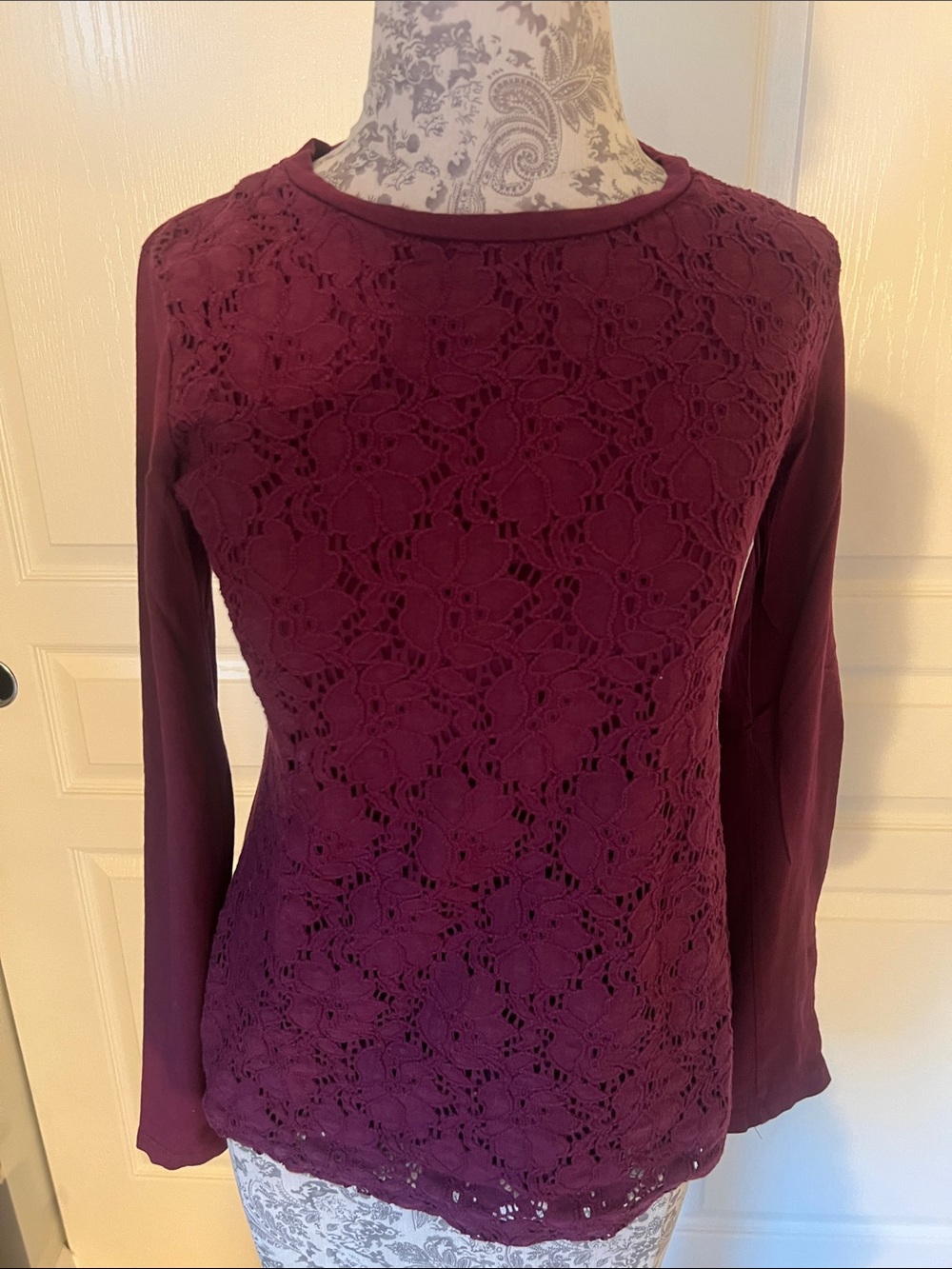 Talbots Plum Lace-Front Long Sleeve Top